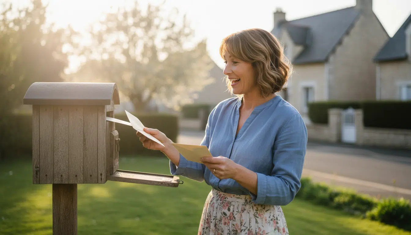 Femme surprise ouvrant sa boîte aux lettres avec une enveloppe