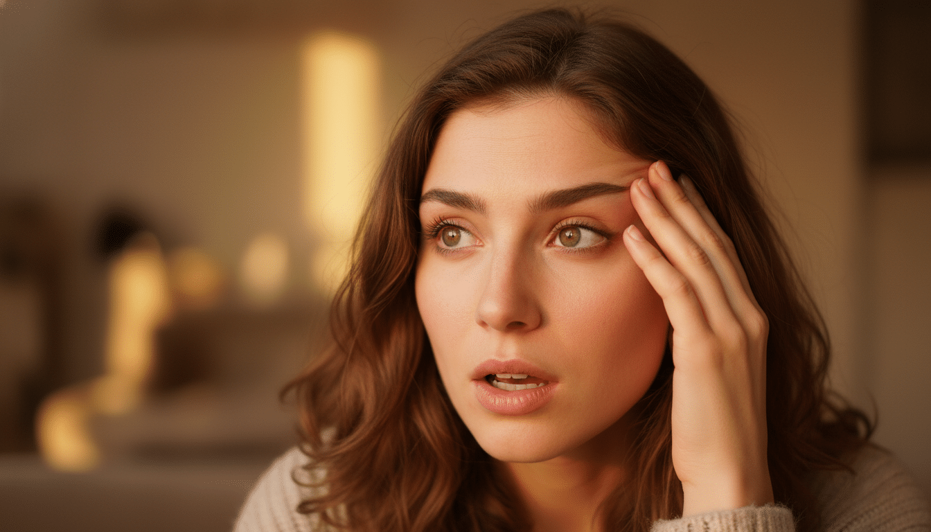 Femme surprise posant la main sur sa tempe
