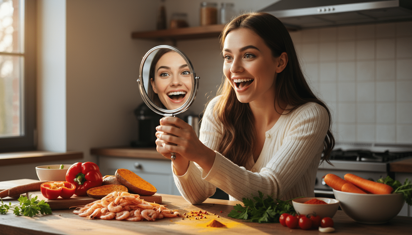 Femme surprise regardant des ingrédients colorés dans une cuisine