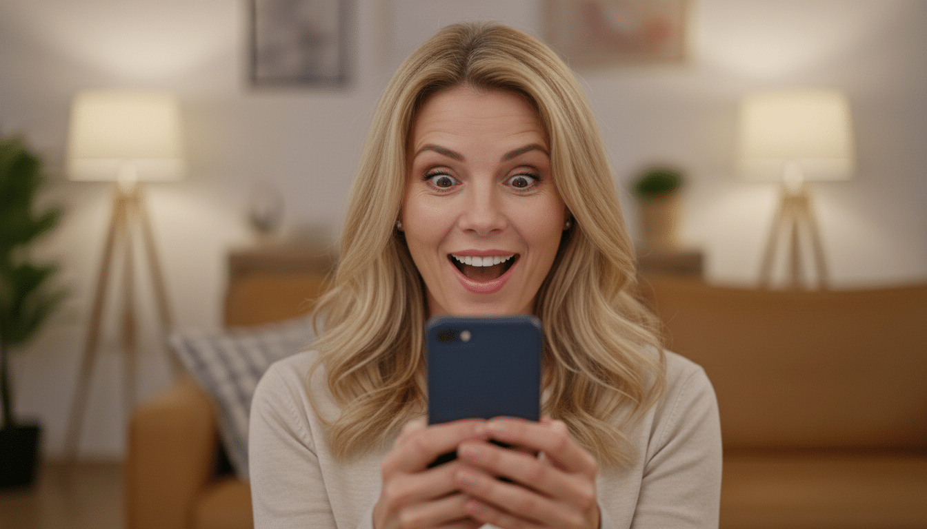 Femme surprise regardant son téléphone