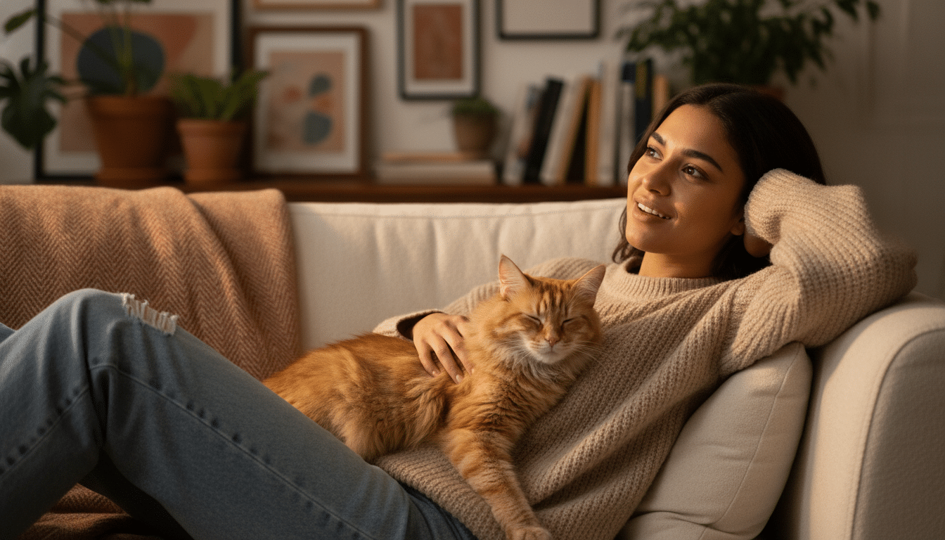 Femme surprise tenant son chat ronronnant