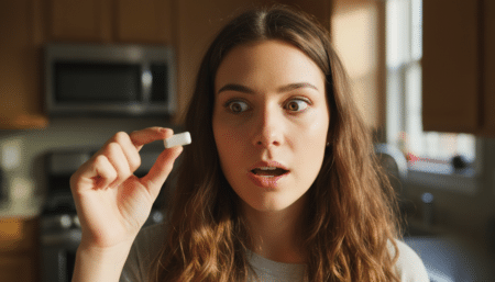 Femme surprise tenant un chewing-gum entre les doigts