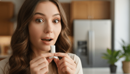 Femme surprise tenant un chewing-gum entre ses doigts