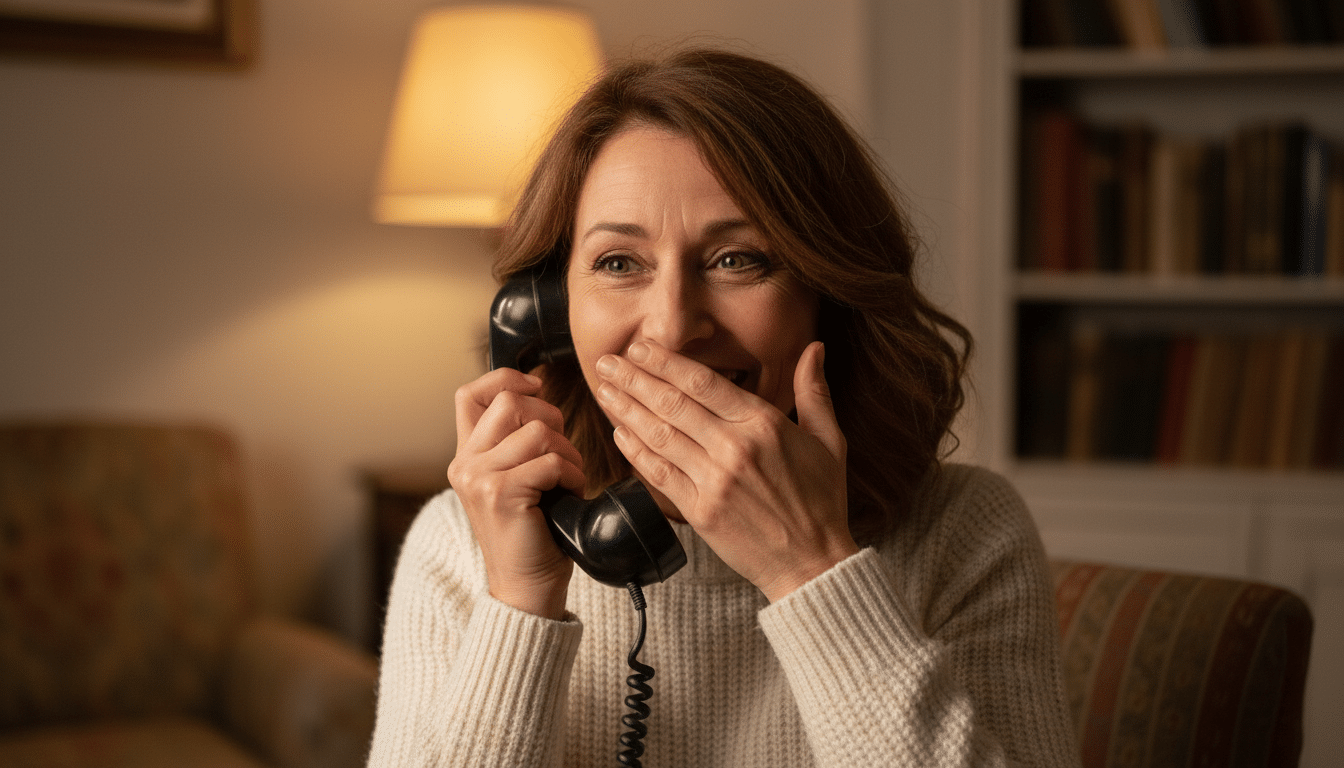 Femme surprise tenant un combiné téléphonique ancien