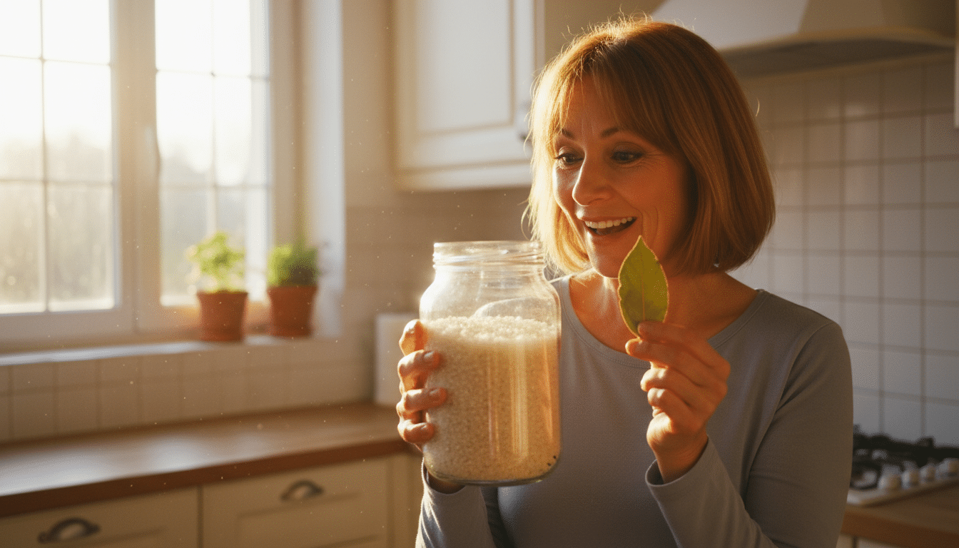 Femme surprise tenant une feuille de laurier dans la cuisine