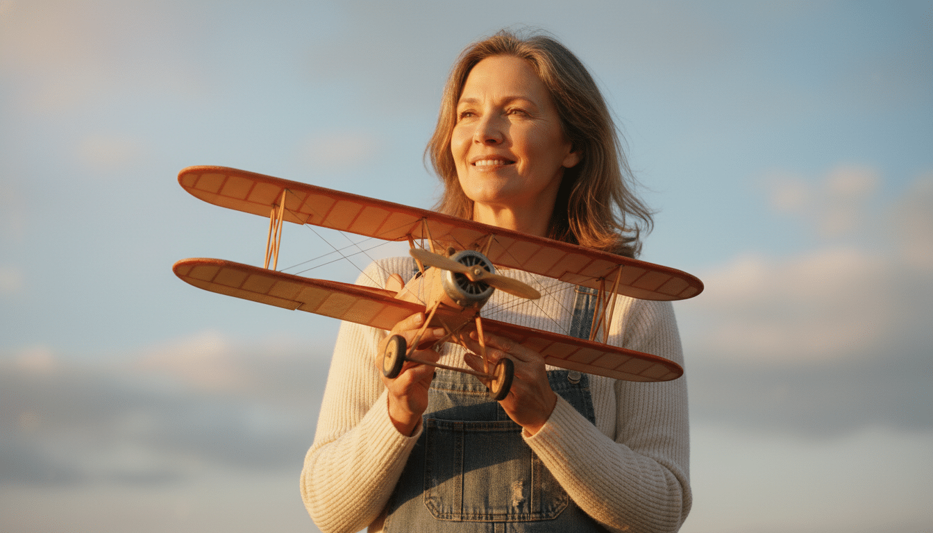 Femme tenant une maquette d'avion vintage
