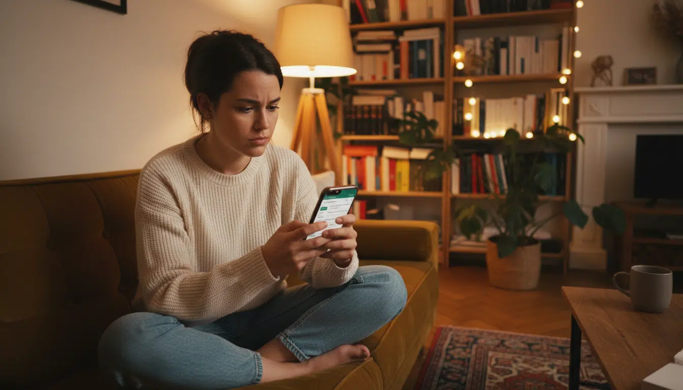 Femme vérifiant son épargne sur smartphone dans son appartement