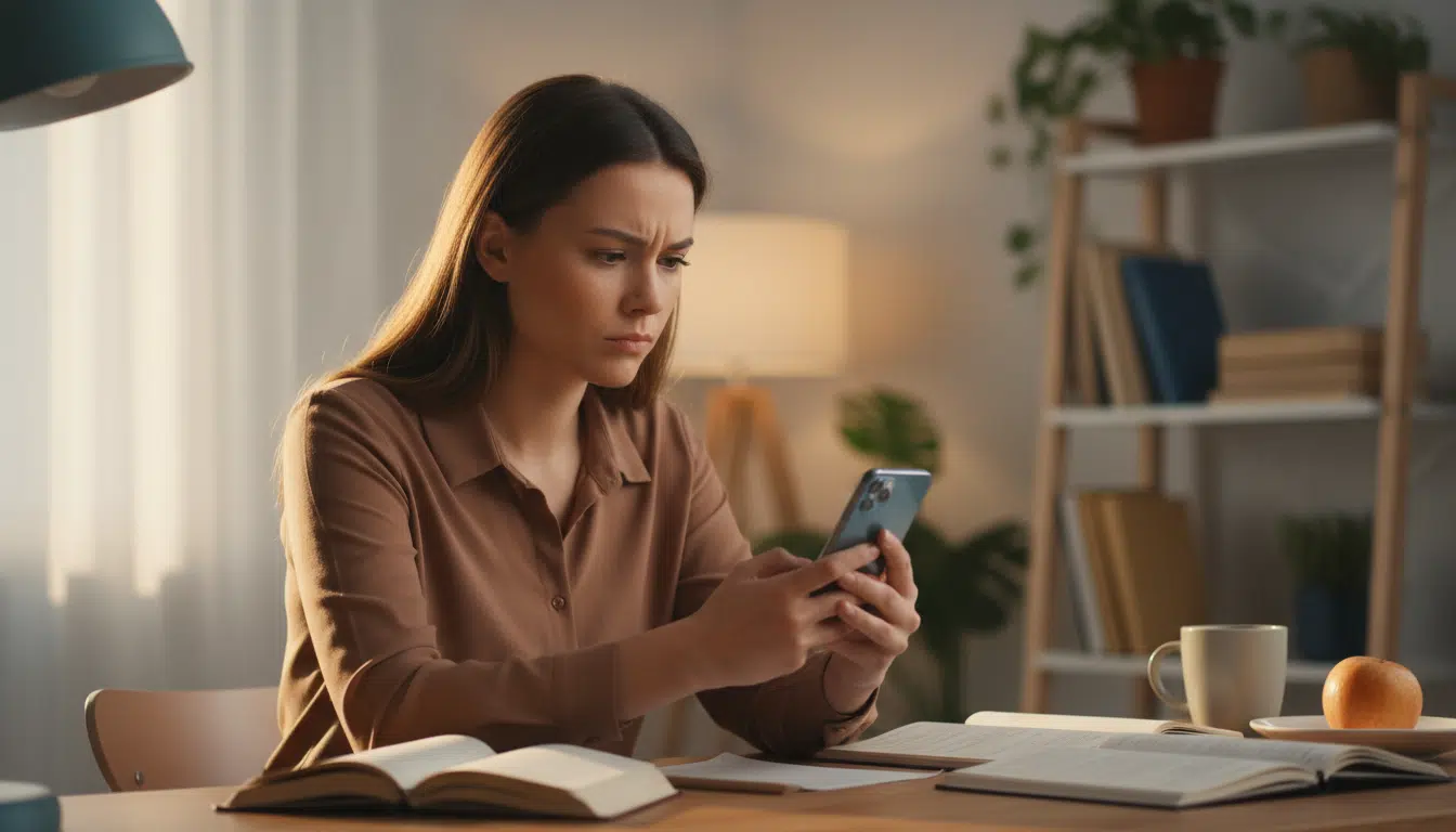 Femme vérifiant son téléphone avec attention