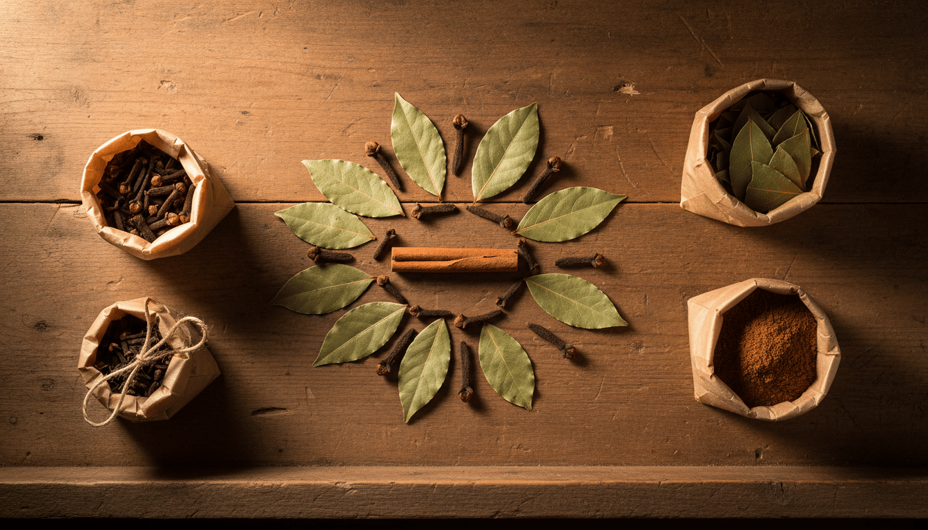 Feuilles de laurier et épices sur une étagère en bois