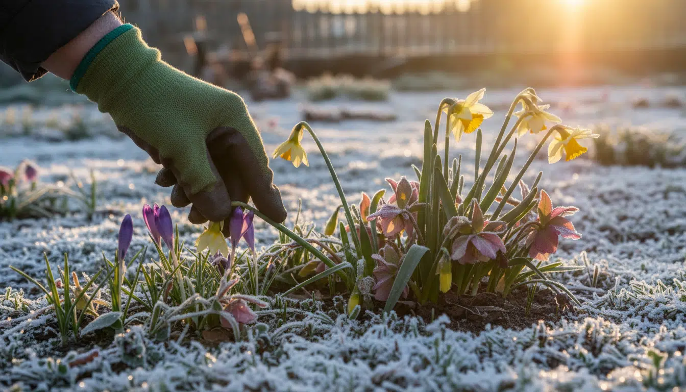 Fleurs de printemps recouvertes de givre et neige tardive