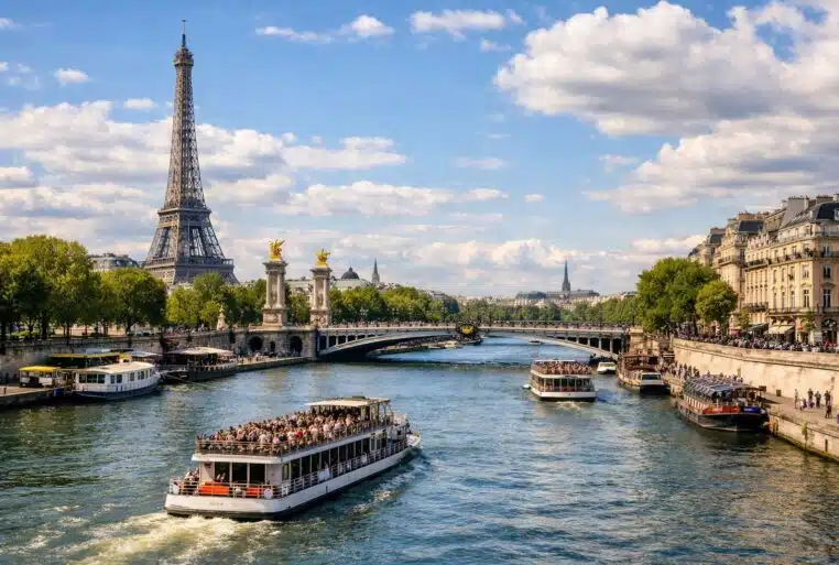 Vue photoréaliste du fleuve de la Seine à Paris avec bateaux, pont et monuments emblématiques, sans requins