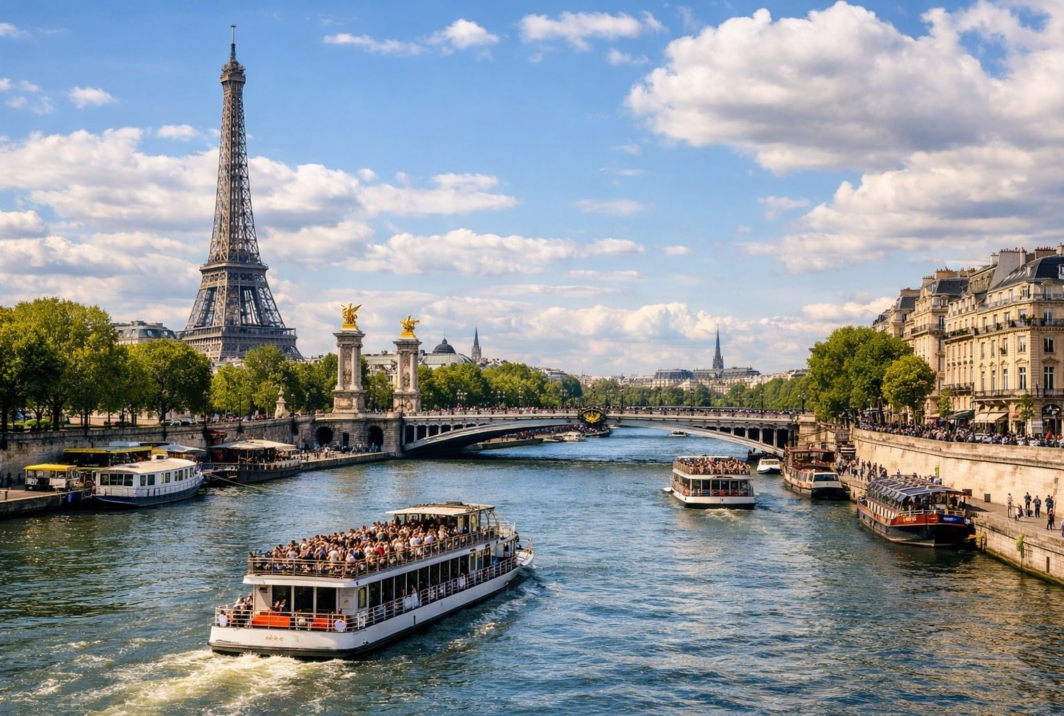 Vue photoréaliste du fleuve de la Seine à Paris avec bateaux, pont et monuments emblématiques, sans requins