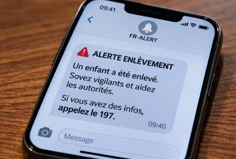 Notification FR-Alert d’alerte enlèvement affichée sur un smartphone