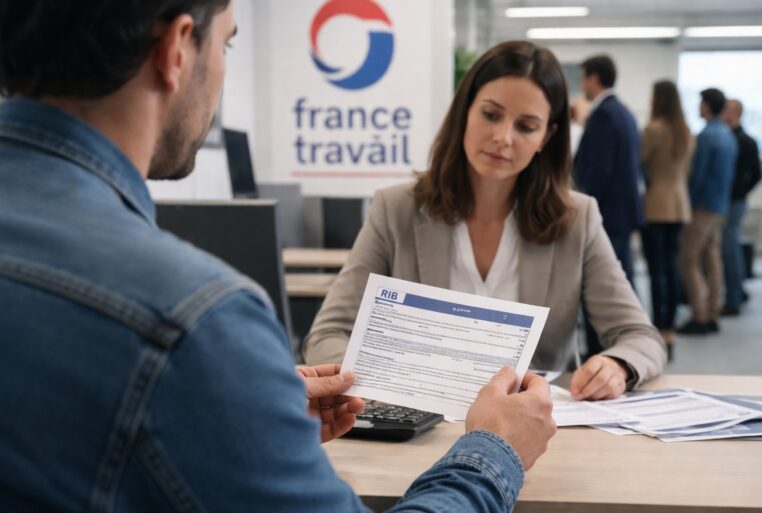 Demandeur d’emploi remettant un RIB à France Travail pour ses indemnités chômage