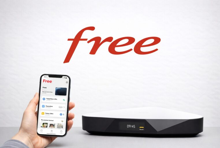 Logo Free complet au-dessus d’un smartphone et d’une box Free dans une composition sobre