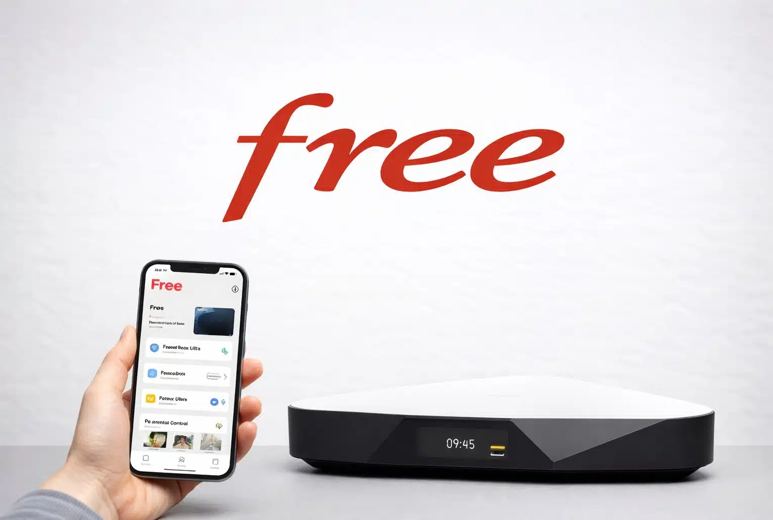 Logo Free complet au-dessus d’un smartphone et d’une box Free dans une composition sobre