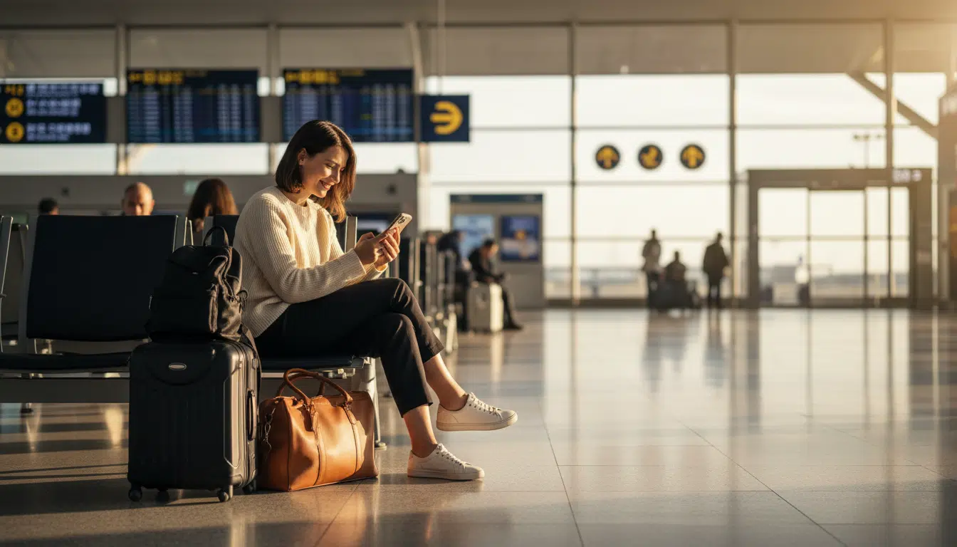 Femme soulagée consultant son forfait à l'aéroport