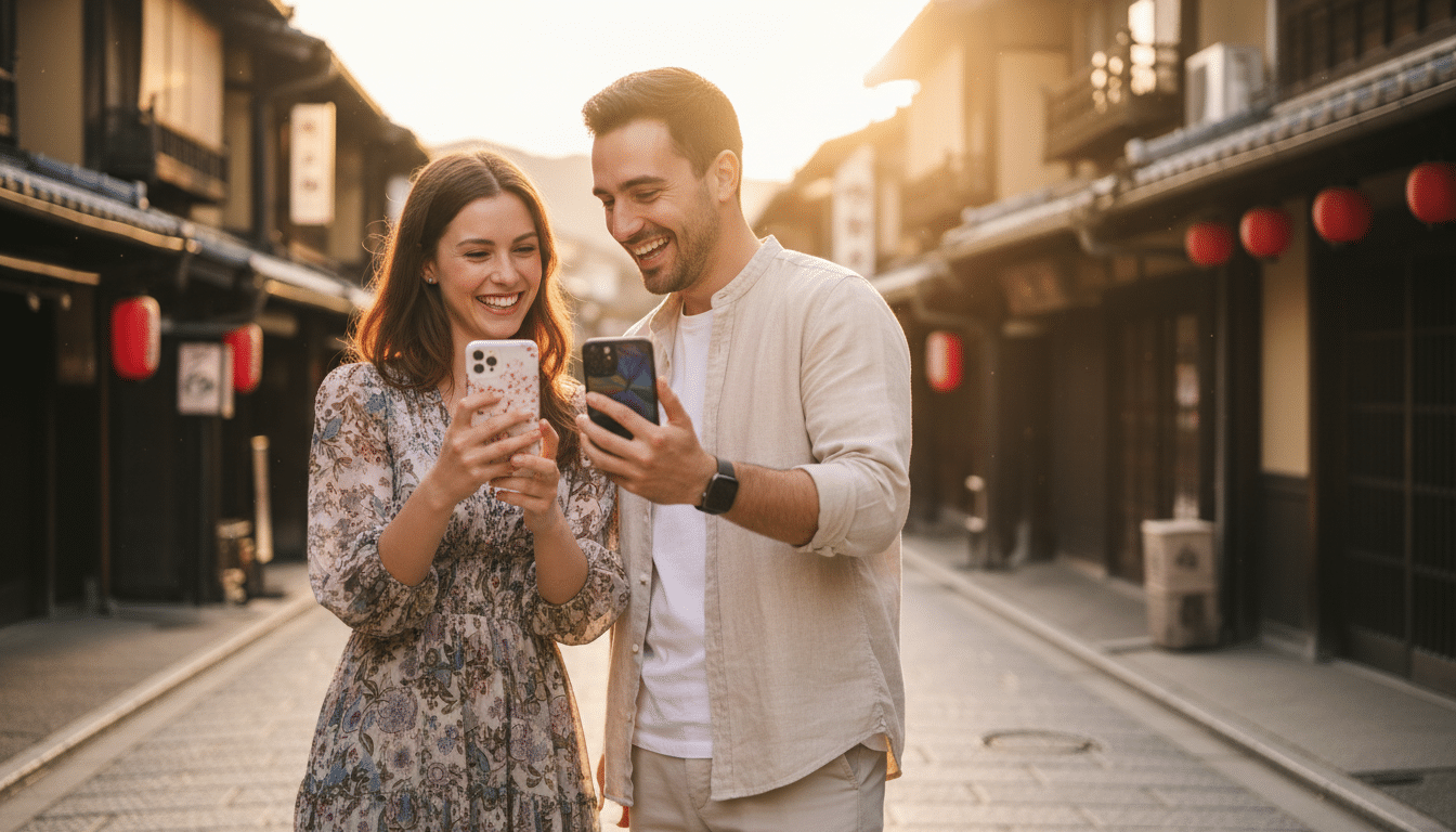 Couple connecté à l'étranger avec leurs smartphones