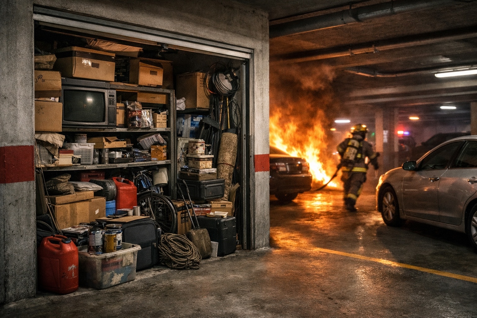Stockage dans un garage d’immeuble avec risque d’incendie dans un parking couvert