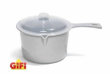 Casserole pour cuisson micro-ondes GiFi en plastique gris avec couvercle transparent, sur fond clair