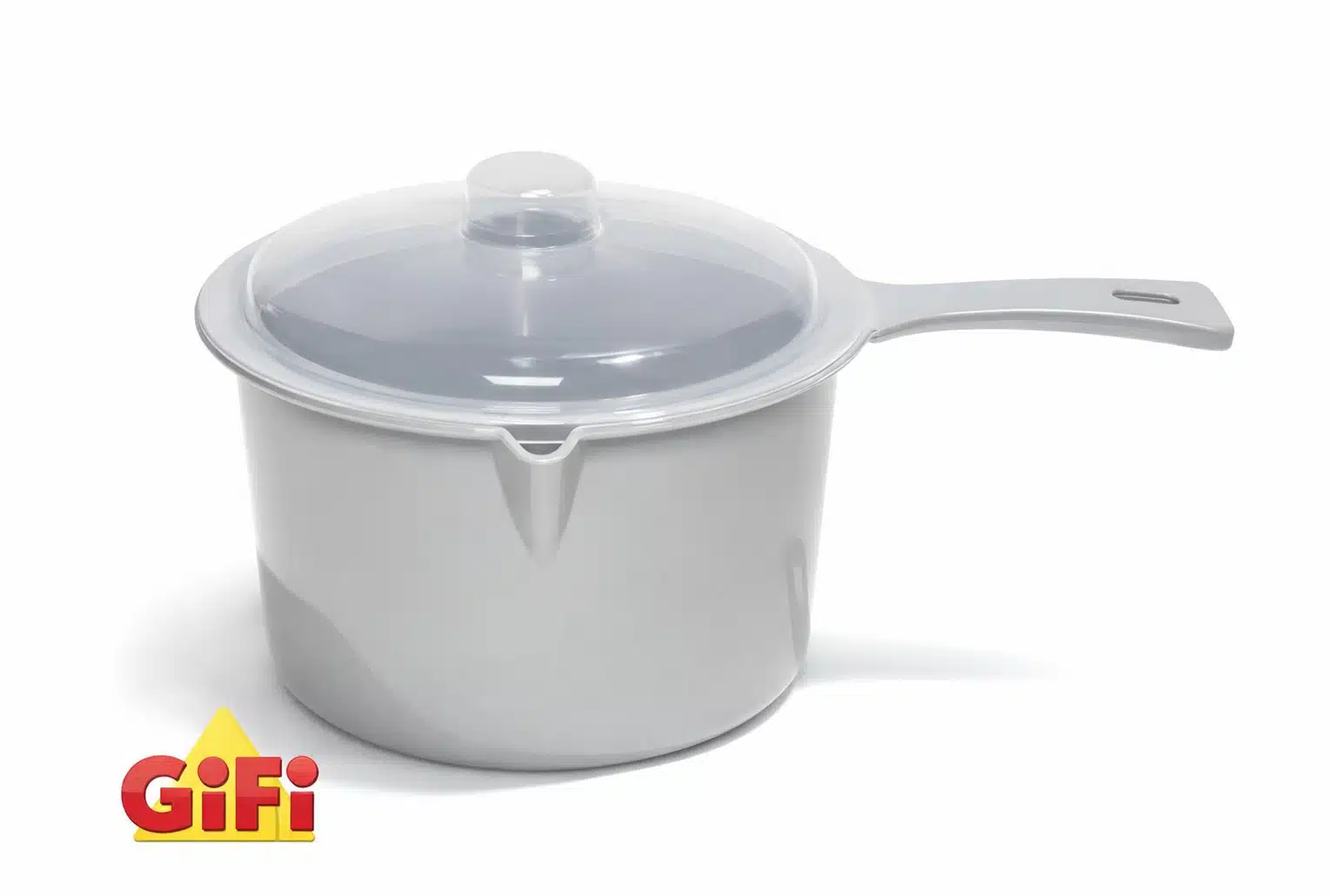 Casserole pour cuisson micro-ondes GiFi en plastique gris avec couvercle transparent, sur fond clair