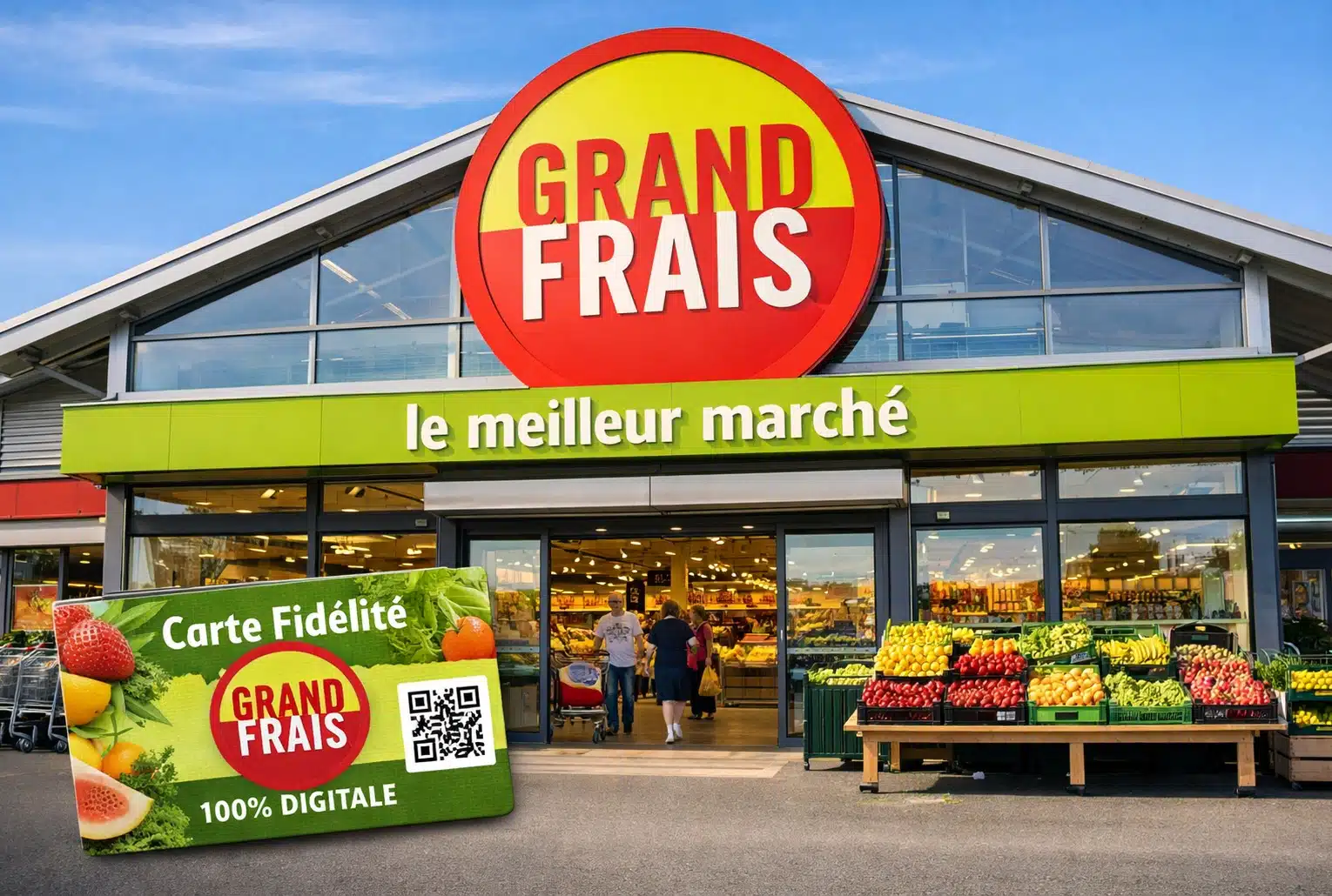 Façade d’un magasin Grand Frais avec étals de fruits et légumes, et une carte de fidélité digitale en bas à gauche.