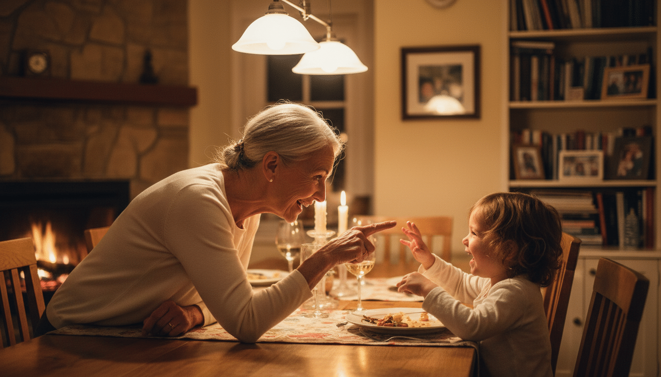 Grand-mère avertissant un enfant à table avec humour