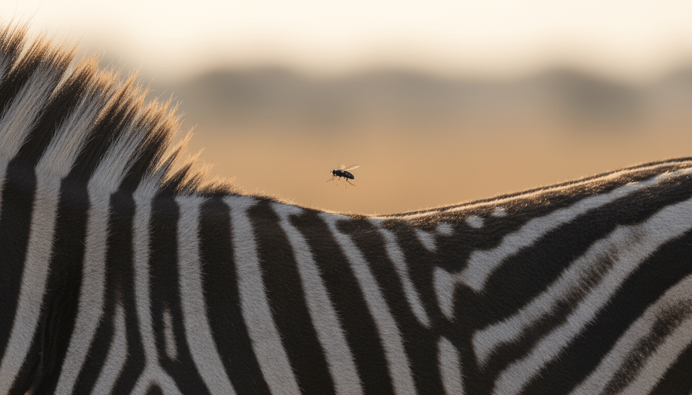 Gros plan des rayures d'un zèbre avec une mouche proche