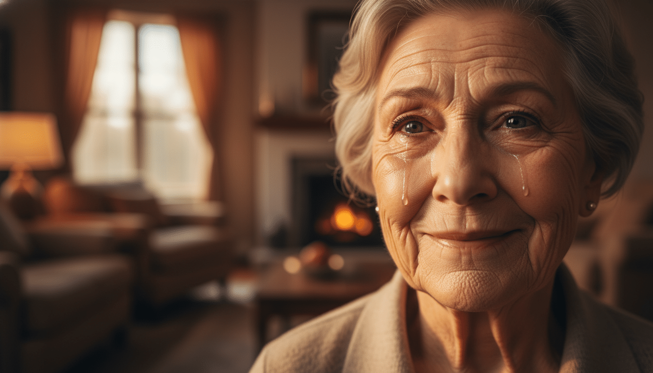 Gros plan visage femme âgée en larmes de joie