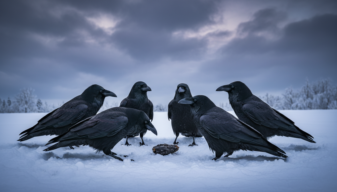 Groupe de corbeaux rassemblés en cercle sur la neige