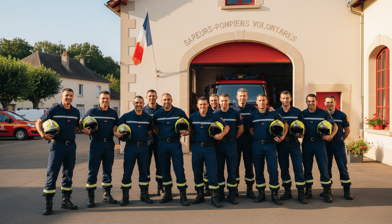 Groupe de sapeurs-pompiers volontaires devant leur caserne