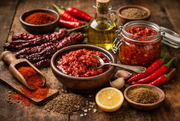 Bienfaits de la harissa : bol de harissa rouge entouré de piments, ail, épices et huile d’olive sur table en bois.