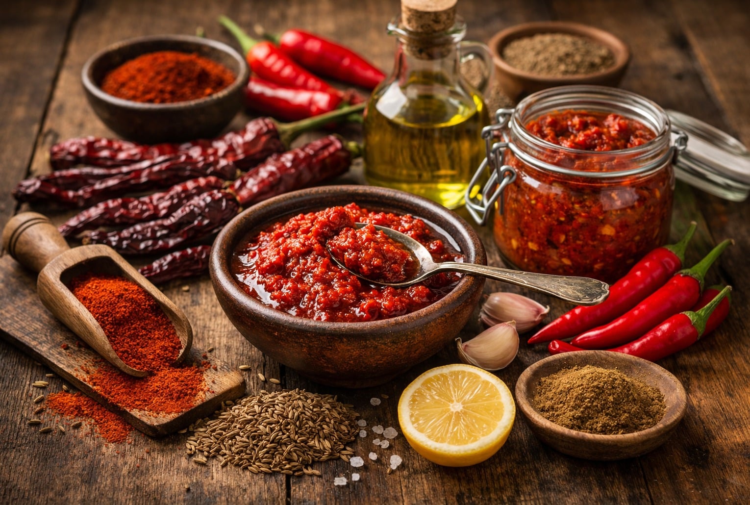 Bienfaits de la harissa : bol de harissa rouge entouré de piments, ail, épices et huile d’olive sur table en bois.