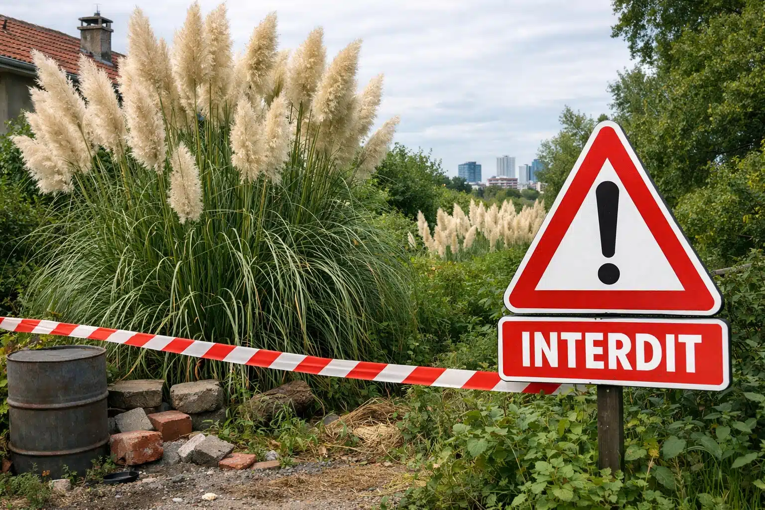 Herbe de la pampa derrière un panneau d’interdiction dans un jardin urbain en France