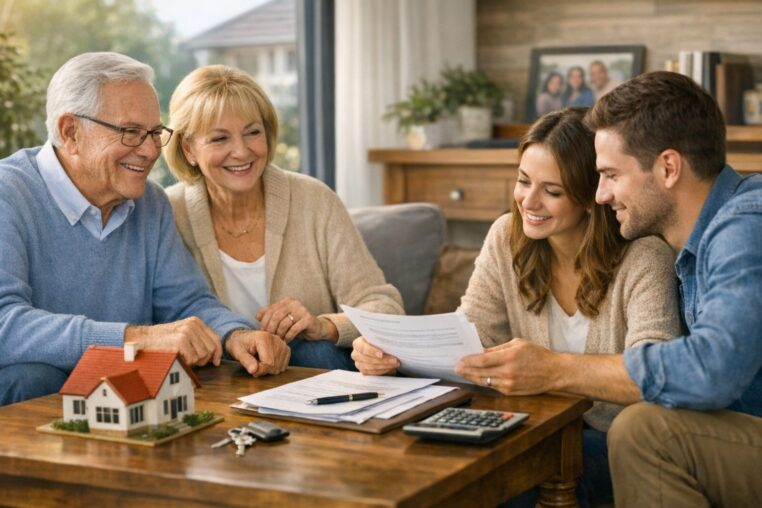 Famille réunie autour de documents de succession et d’une maquette de maison pour préparer un héritage