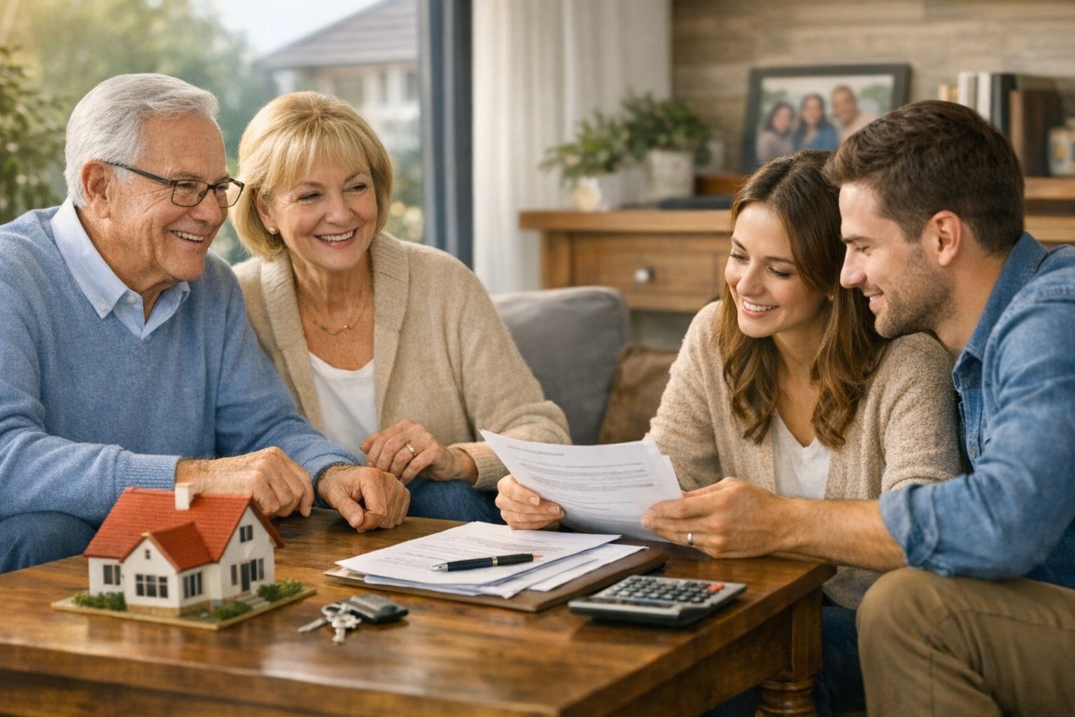 Famille réunie autour de documents de succession et d’une maquette de maison pour préparer un héritage