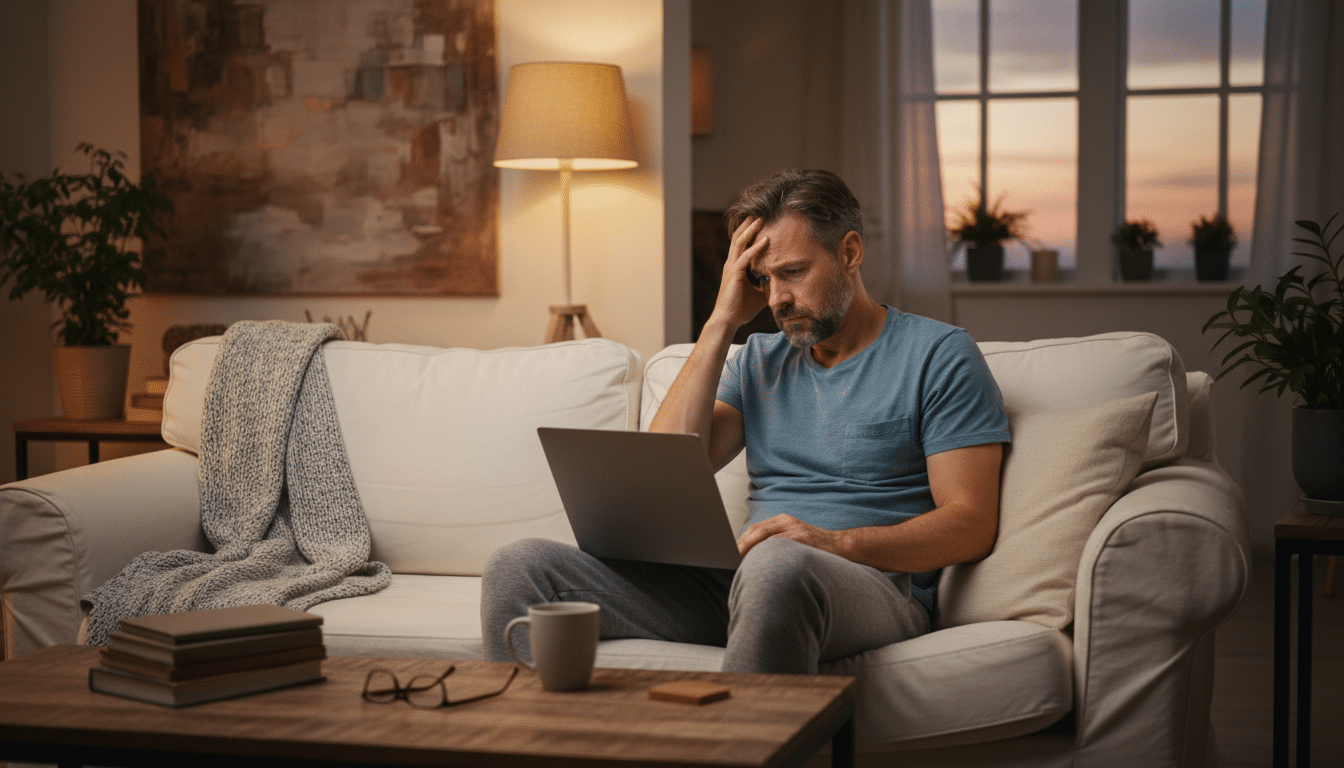 Homme anxieux avec un ordinateur portable chez lui