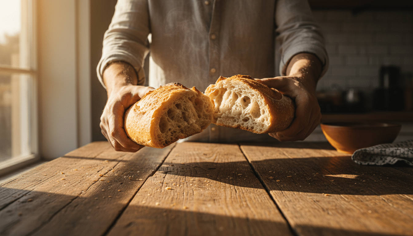 Homme cassant une baguette fraîche sur une table en bois