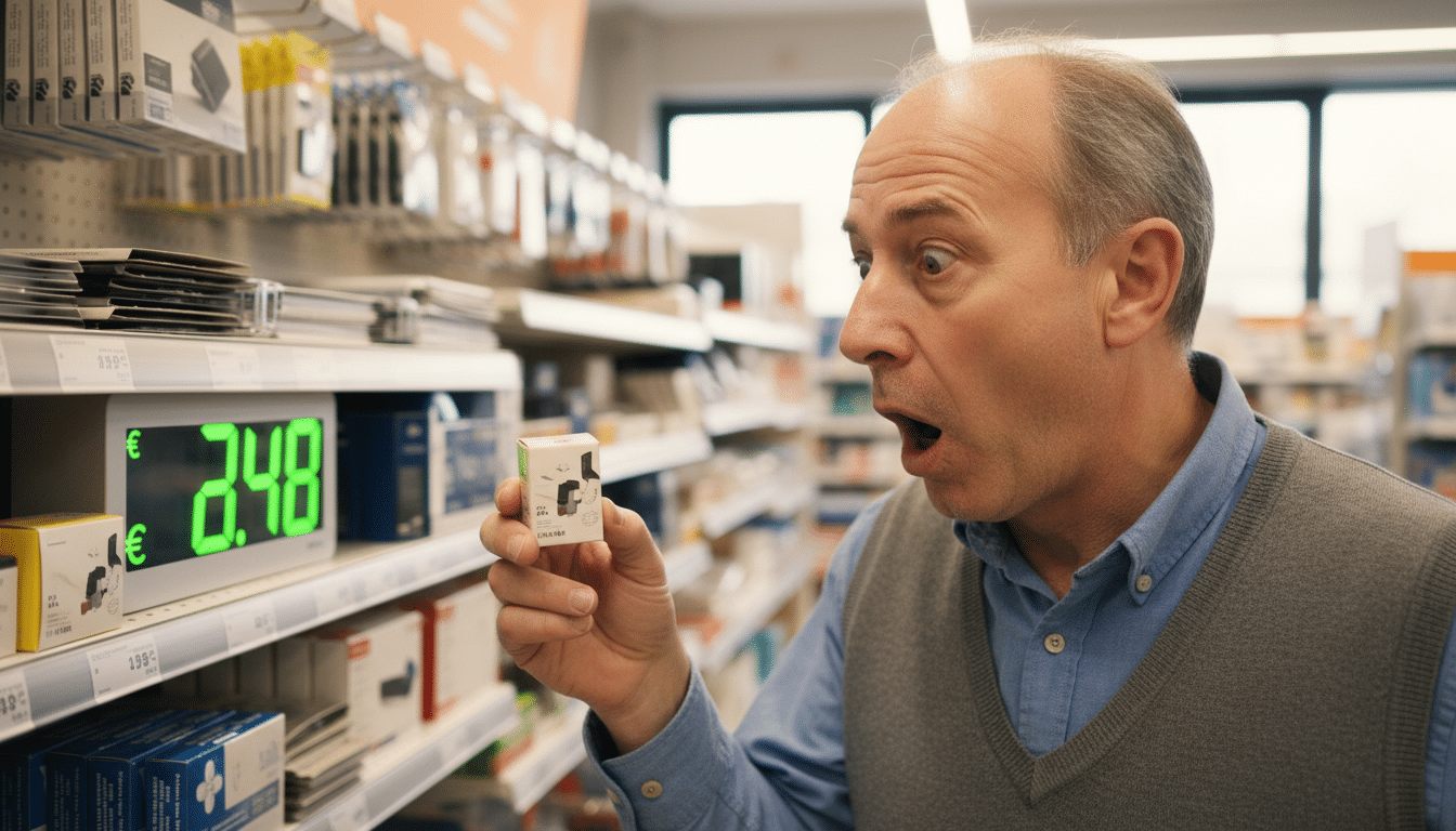 Homme choqué par le prix d'une cartouche d'imprimante