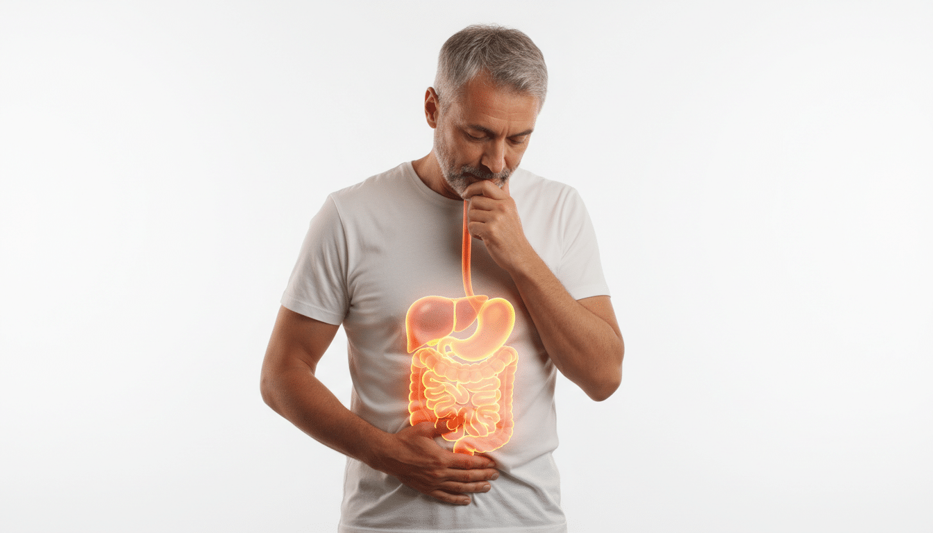 Homme curieux regardant son estomac, système digestif