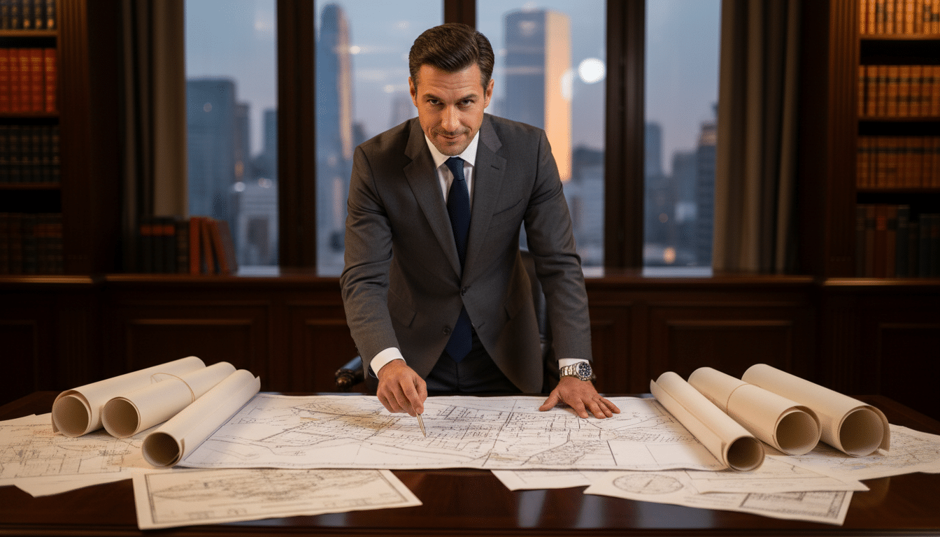 Homme d'affaires devant des documents immobiliers et cartes urbaines