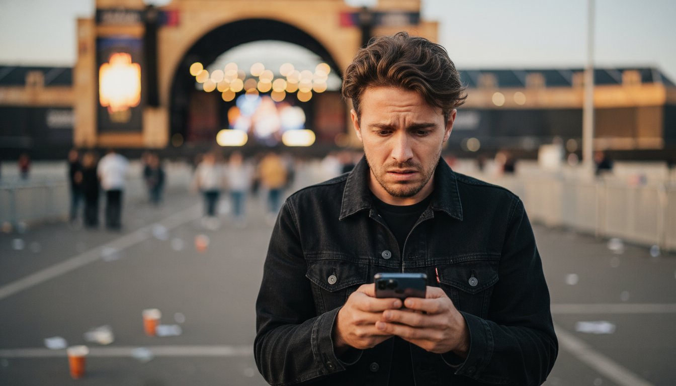 Homme déçu regardant son téléphone devant une salle
