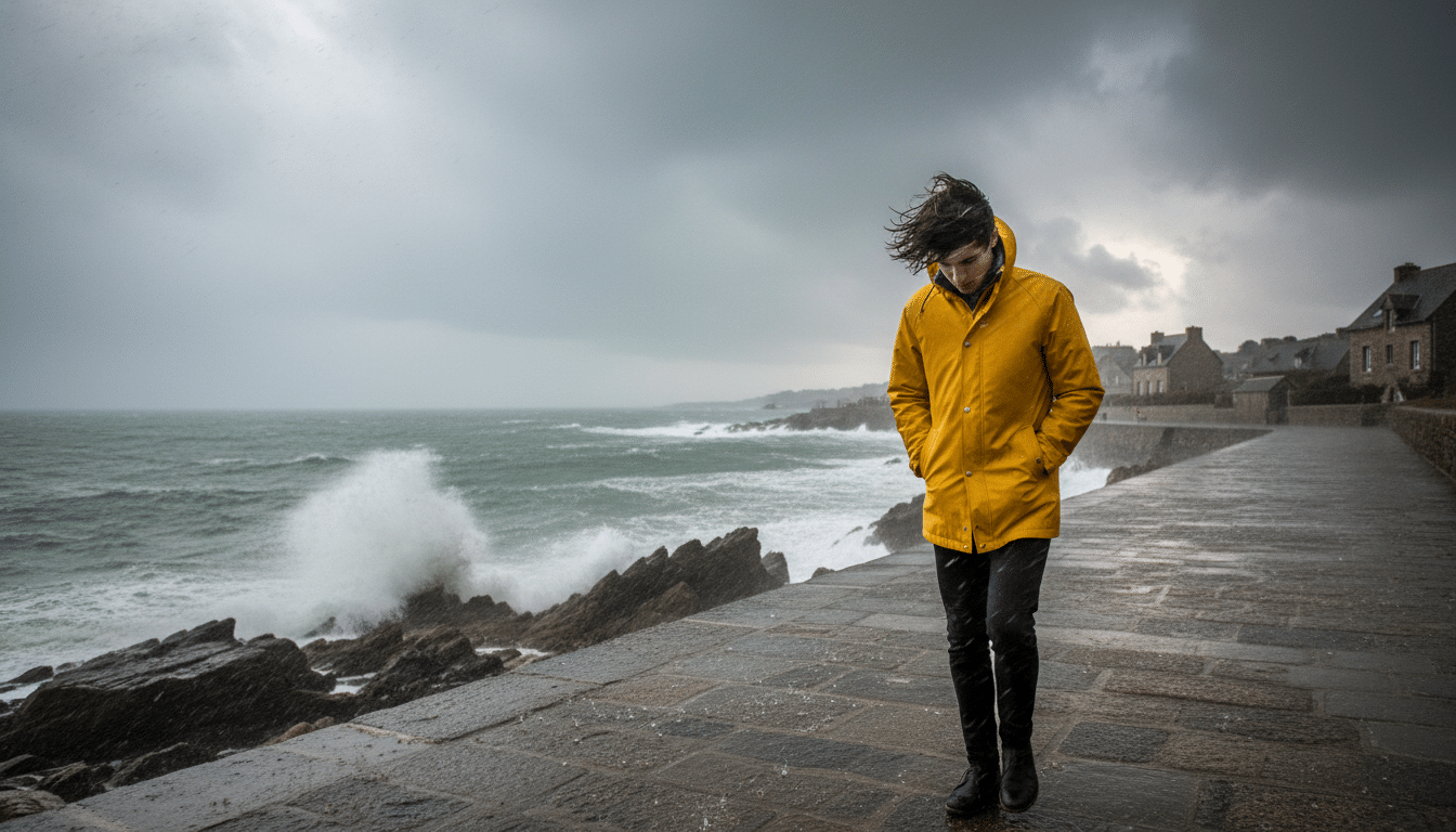 Homme en ciré jaune sous la pluie en Bretagne