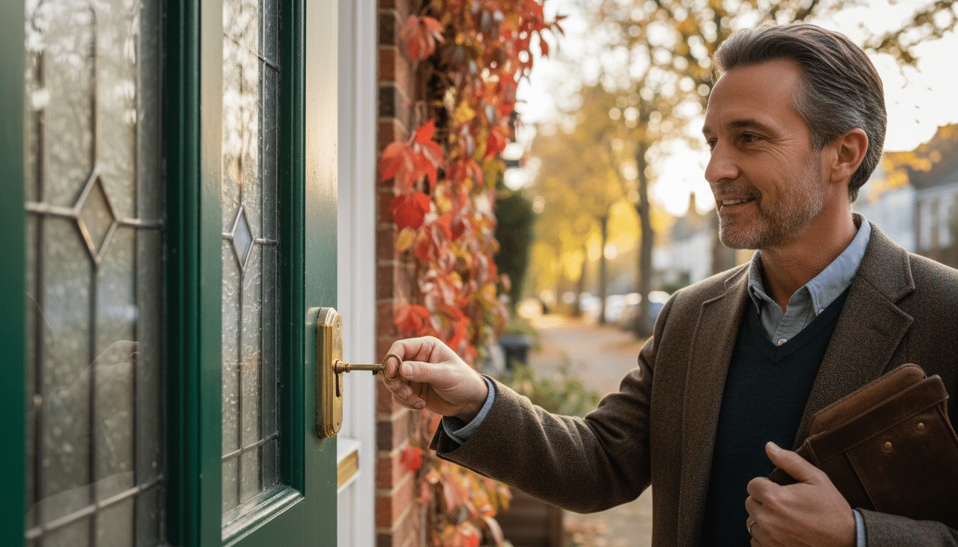 Homme insérant une clé dans une serrure de porte