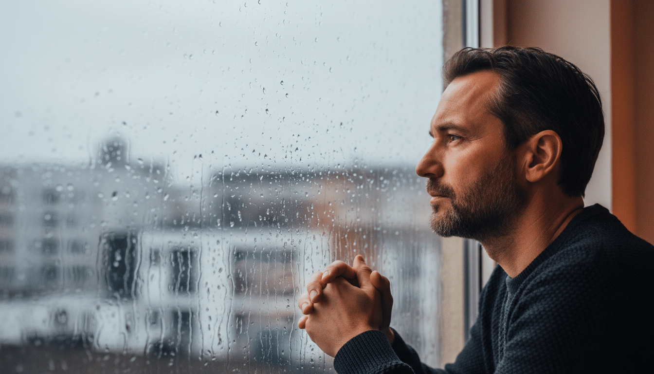 Homme pensif regardant par la fenêtre sous la pluie
