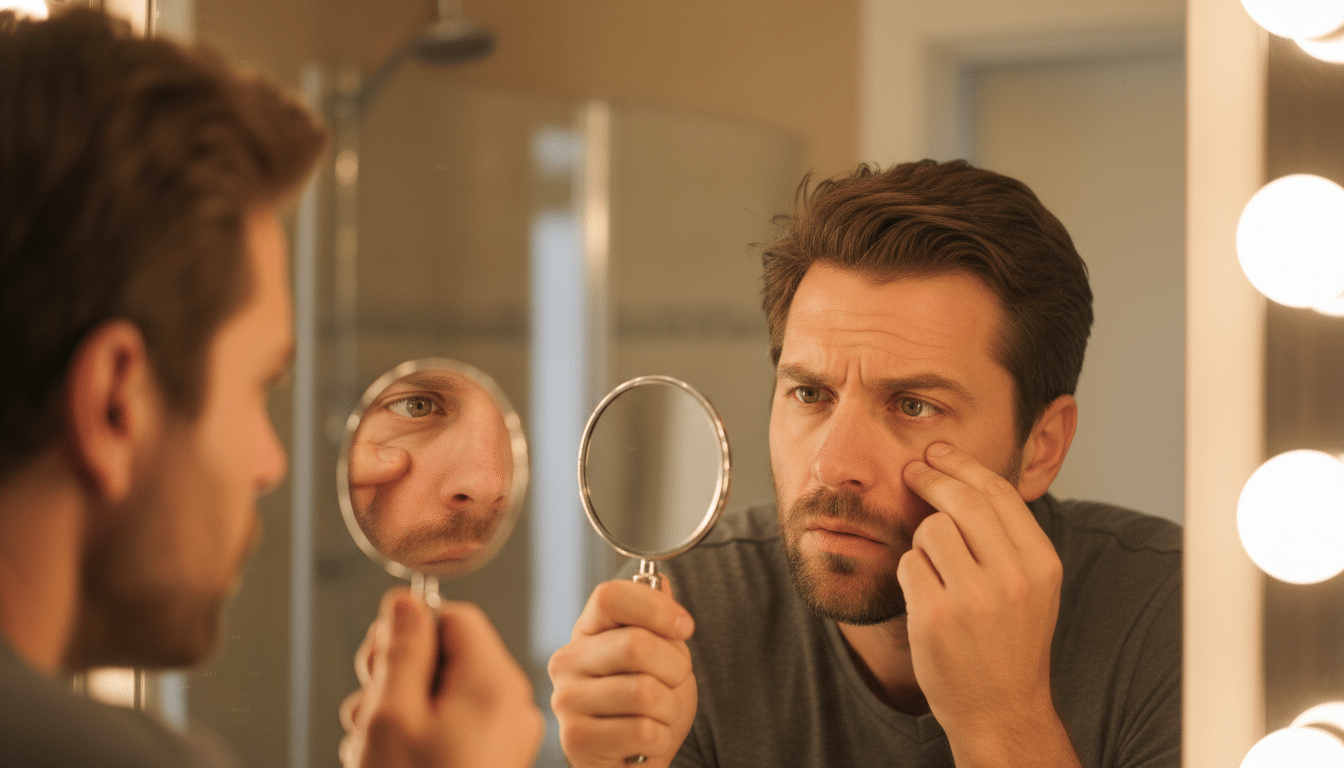 Homme qui examine son œil dans un miroir