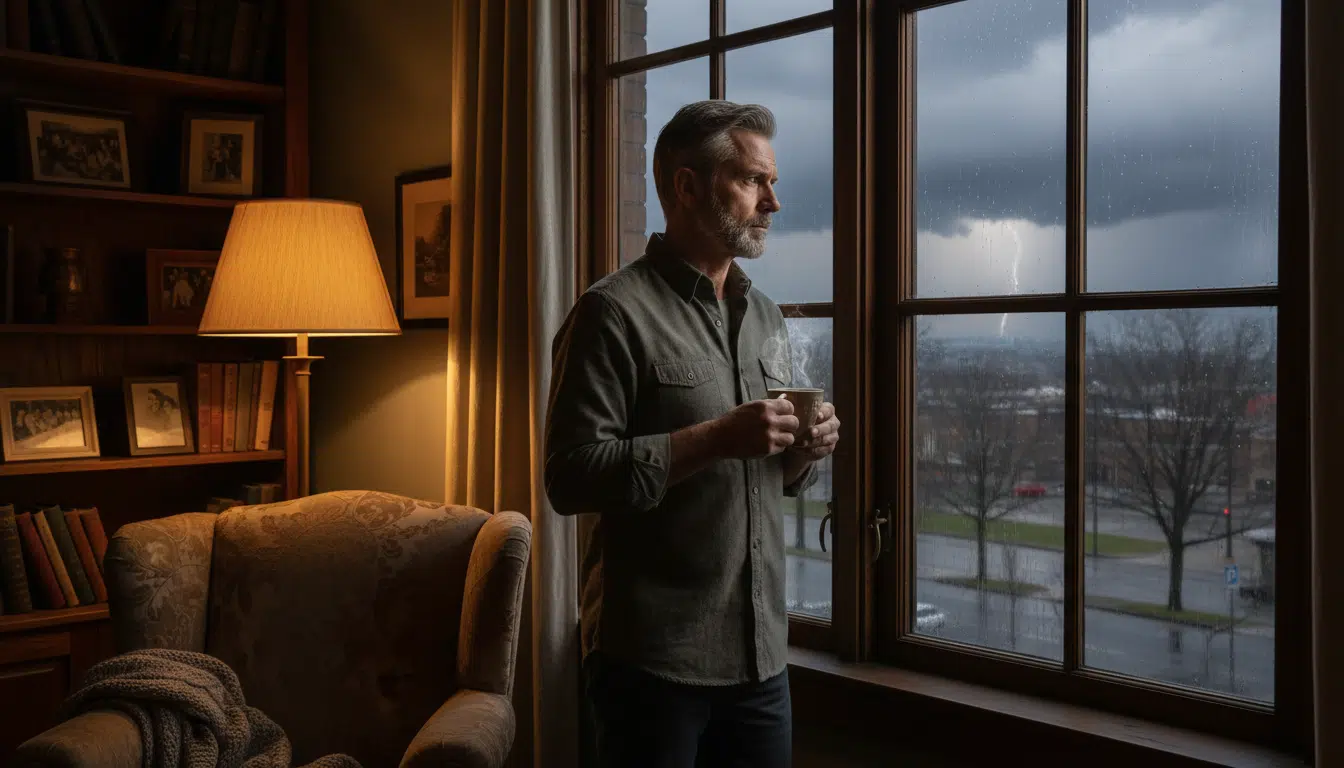Homme regardant la pluie depuis une fenêtre