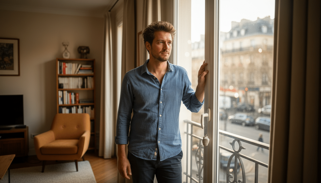 Homme seul regardant par la fenêtre de son appartement