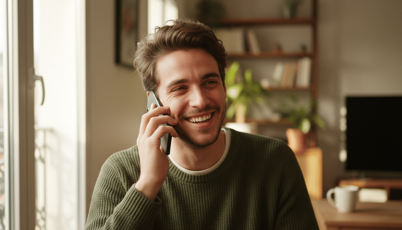 Homme souriant répondant à son smartphone