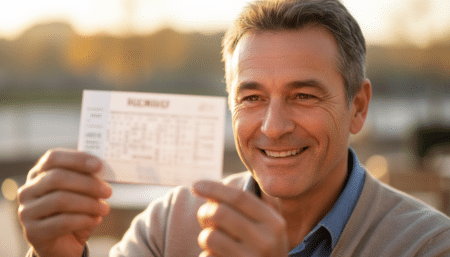 Homme souriant tenant un ticket de loto